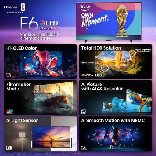 Vista 4 de Hisense 43" Serie E6 Cinema Hi-QLED 4K UHD Smart Fire TV (43E6QF, modelo 2025) - Sensor de luz AI, Dolby Vision · Atmos, control remoto por voz