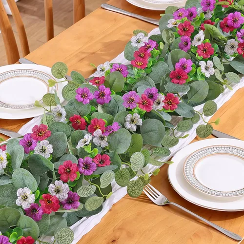 Vista 2 de 12.4FT Artificial Eucalyptus Flowers Garland 2PCS Faux Greenery Home Decor Green and Colorful-2pcs