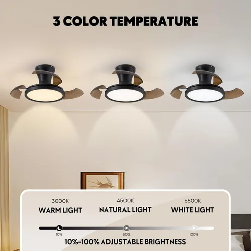 Vista 3 de Ventilador de techo retráctil moderno de 71 cm con luz, control remoto, regulable, 6 velocidades, reversible, pequeña luminaria de techo, sin aspas