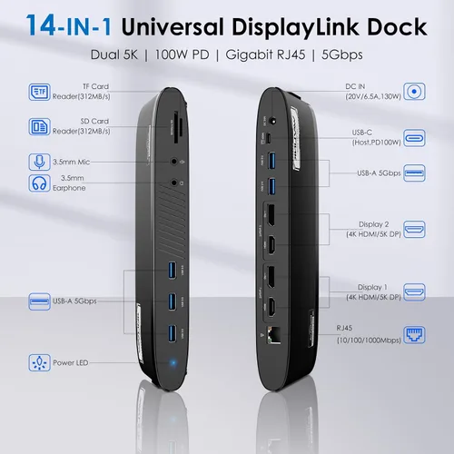 Vista 2 de WAVLINK Estación de acoplamiento DisplayLink Dual 5K, USB-C Dock para Mac M1/M2/M3/M4 y Windows, 14 en 1 con carga de portátil de 100 W, 2 DP/2 HDMI