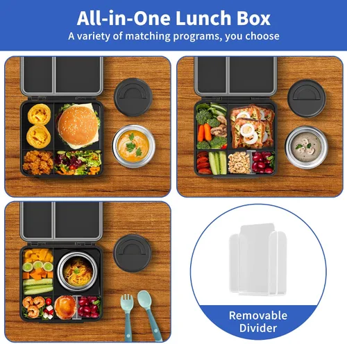 Vista 5 de Lonchera Bento para niños con contenedor térmico de alimentos (9 onzas), lonchera de 4 compartimentos, divisor ajustable, lonchera Bento a prueba