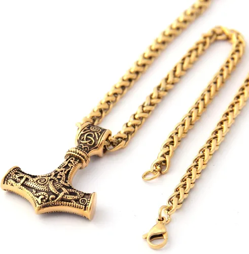 Vista 4 de Gungneer Thor Hammer Pendant Mjolnir Necklace 18K Gold Plated Stainless Steel Norse Viking Jewelry for Men Women