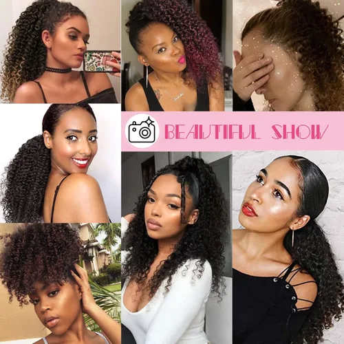 Vista 7 de Extensión de cola de caballo rizada profunda con cordón para mujeres negras, extensiones de cabello sintético con 2 clips, 14 pulgadas (1B)