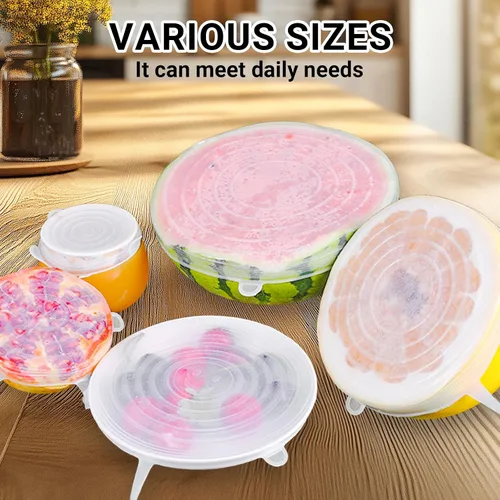 Vista 2 de Paquete de 4 tapas elásticas de silicona reutilizables de 4.5 pulgadas, fundas de silicona para almacenamiento de alimentos, tapas elásticas
