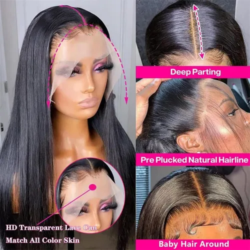Vista 3 de Pelucas de encaje frontal de 13x4 de cabello humano prearrancadas con cabello de bebé de densidad del 150%, frontal de encaje pegamento-libre HD