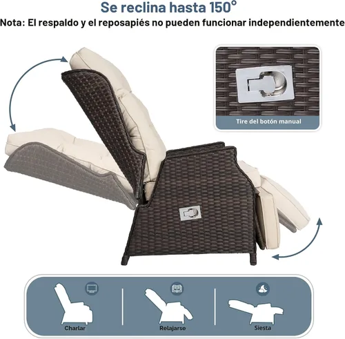 Vista 3 de Sillón reclinable para exteriores con respaldo ajustable y reposapiés, color beige