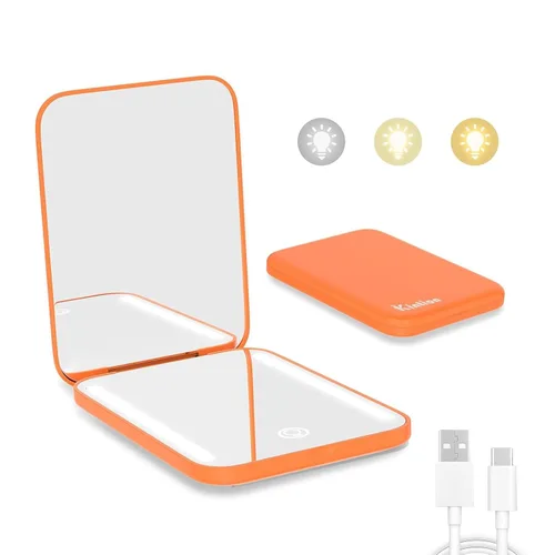 Vista 8 de Kintion Espejo de bolsillo recargable, espejo de tocador compacto de doble cara con aumento 1X/3X, 3 luces de color, regulable, pequeño espejo