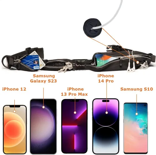 Vista 4 de Riñonera definitiva de corredores de 3 bolsillos con funda RFID, se adapta a iPhone y Android, sin rebote, resistente al agua, cinturón de correr