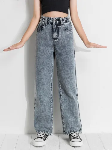 Vista 3 de Romwe Pantalones de mezclilla vintage de cintura alta y pierna recta para niña