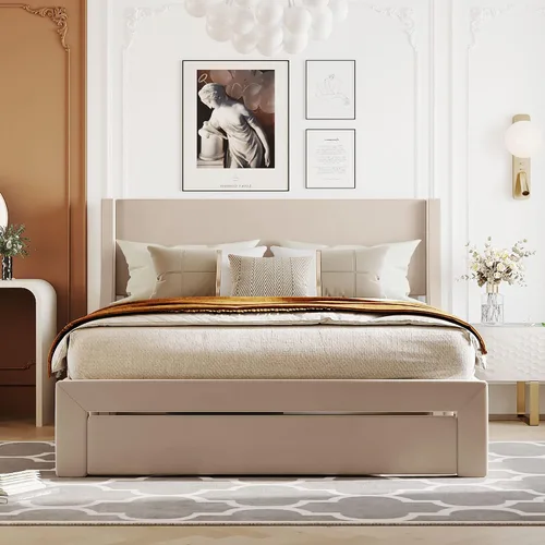 Vista 28 de Cama de plataforma tapizada de tamaño matrimonial con cabecera de terciopelo con patrón de flores, con marco de cama de soporte de listones