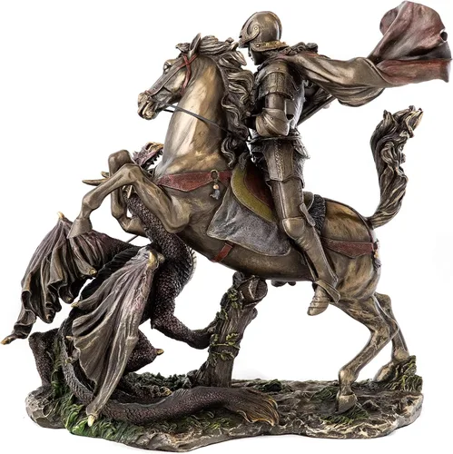 Vista 2 de Top Collection Estatua de San Jorge Slaying The Dragon – St. George, legendaria escultura medieval de caballero en bronce fundido en frío