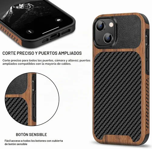 Vista 5 de TENDLIN Compatible con Funda para iPhone 15, Funda de Madera con Textura de Fibra de Carbono, Diseño Híbrido de Cuero Delgado (Negro)