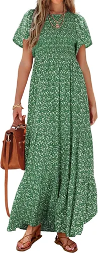 Vista 20 de PRETTYGARDEN - Vestido largo casual de verano para mujer, manga corta acampanada, bohemio, floral, cuello redondo, vestido blusón, escalonado
