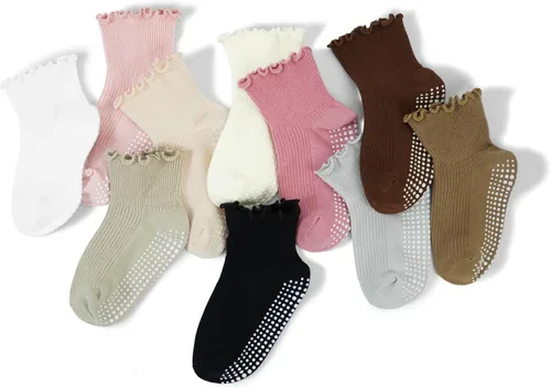 Vista 3 de Calcetines con volantes para niñas – Calcetines antideslizantes con puños – Calcetines de algodón suave con volantes para interiores