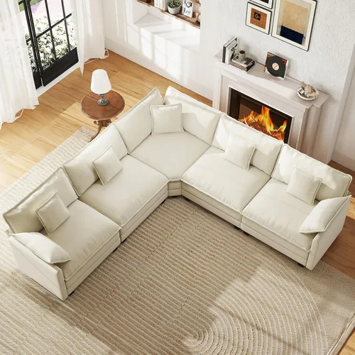 Vista 35 de Sofá de nube en forma de L de 77 pulgadas, sofá modular con otomana, cómodo sofá biplaza de felpilla con almohada para sala de estar, dormitorio