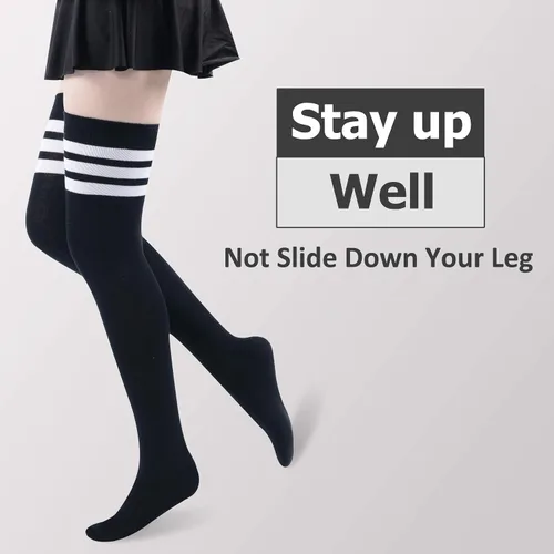 Vista 3 de Calcetines altos por encima de la rodilla, para mujeres y niñas, extra largos, a rayas, para cosplay, cosplay, medias altas hasta el muslo, 3 pares