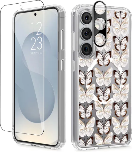 Vista 56 de GVIEWIN Funda protectora para Samsung Galaxy S25, transparente floral, delgada, a prueba de golpes, para mujer, no se pone amarilla, con protector