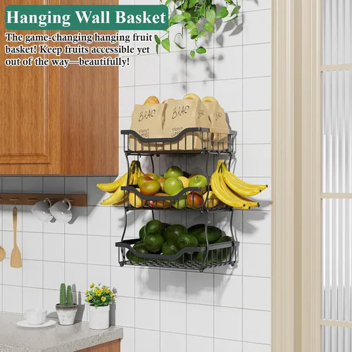 Vista 7 de OKZEST Cesta de frutas de 3 niveles para encimera de cocina, frutero colgante de pared y organizador de encimera de cocina con 2 ganchos de plátano