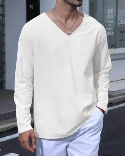 Vista 3 de MyDearie Camisa casual de lino con cuello en V para hombre, manga larga, hippie, playa, camiseta sólida ligera para yoga tropical