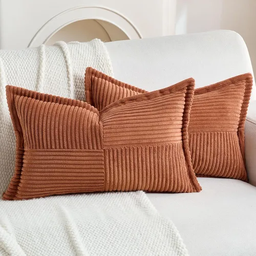 Vista 45 de HAUSSY Paquete de 2 fundas de almohada de 16 x 16 pulgadas, fundas decorativas de pana suave, estilo bohemio, a rayas, sólidas, decoración