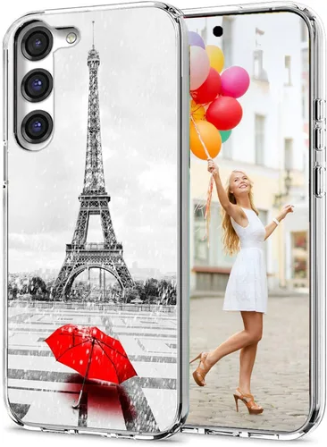 Vista 4 de Funda para Samsung Galaxy S23 Plus/S23+ - Funda protectora transparente de TPU suave a prueba de golpes con diseño de paraguas rojo de la torre Una