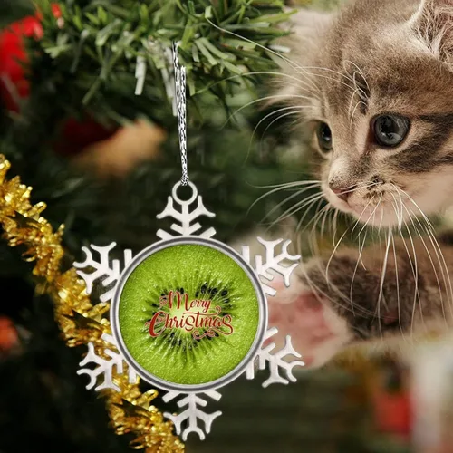 Vista 5 de Adorno de copo de nieve verde para árboles de Navidad, frutas, comida realista, adornos de Navidad personalizados 2022, divertido recuerdo de metal