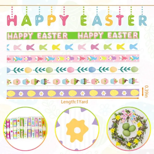 Vista 2 de ALIBBON Cinta de Pascua de 12 yardas, 3/8 pulgadas, clásico, patrón de dibujos animados, verde, rosa, amarillo, blanco, ocasión de Pascua