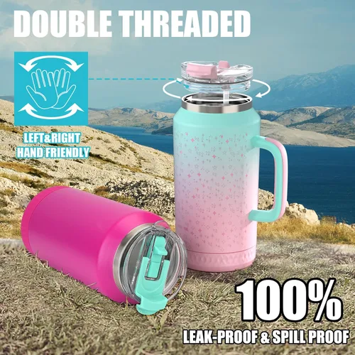 Vista 5 de Hydraful Vaso de 64 onzas con asa y pajilla, 100% a prueba de fugas, vaso aislado reutilizable, botella de agua grande de acero inoxidable, taza