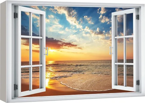 Vista 14 de wall26 Lienzo impreso para pared, vista de ventana a barco y playa tropical, isla de naturaleza, desierto, fotografía, realismo, paisaje rústico