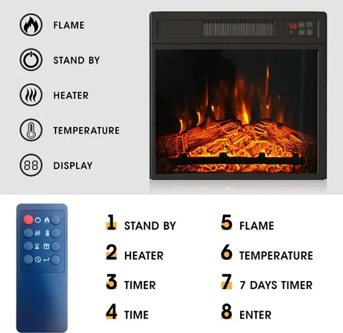 Vista 4 de Inserto de chimenea eléctrica de 18 pulgadas, calentador de chimenea empotrado con bajo ruido, control remoto con temporizador, pantalla táctil