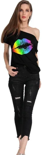 Vista 19 de MAGICMK - Camiseta casual para mujer, con estampado de labios y hombro descubierto, talla extragrande