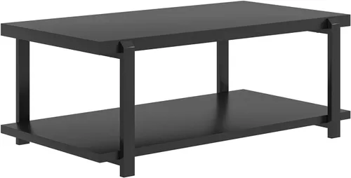 Vista 9 de FOLUBAN - Mesa de café negra, mesa de centro moderna de madera rústica con almacenamiento para sala de estar, mesa de té industrial de 2 niveles