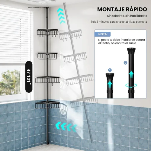 Vista 6 de Organizador de Ducha de Esquina con Barra de Tensión: Organizador Ajustable a Prueba de Óxido de 4 Niveles para el Interior del Baño - 120-307 cm