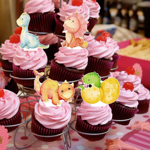 Vista 9 de Decoración de dinosaurio para baby shower, 48 piezas de decoración de cupcakes de dinosaurio para decoración de fiesta de cumpleaños de dinosaurio