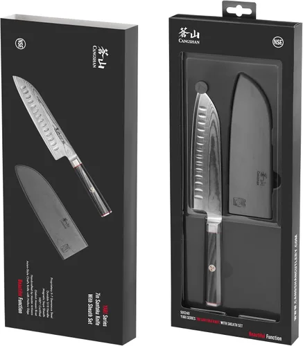 Vista 7 de Cangshan YARI Series X-7 Cuchillo Santoku de acero Damasco de 7 pulgadas con funda