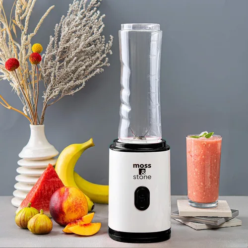 Vista 5 de Moss & Stone Licuadora personal negra para batidos, mezcladora de un solo toque con botella de 20 onzas sin BPA, electrodoméstico compacto