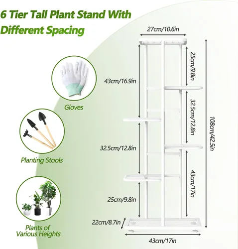 Vista 4 de Soporte para plantas de 6 niveles y 7 macetas para interiores con herramientas y guantes de jardinería, organizador de estantes de metal esquineros
