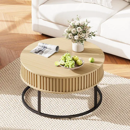 Vista 3 de Mesa de centro redonda con parte superior elevadora, mesas de centro de madera estriada para sala de estar, elevación para comedor, gran