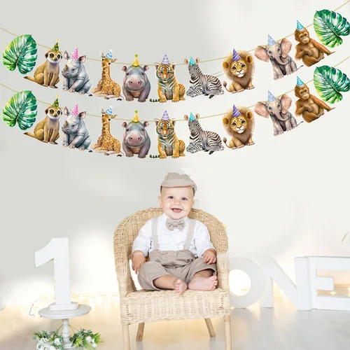 Vista 9 de Pancarta de animales de safari, 2 unidades, banderines recortados para fiesta de selva, carteles colgantes con temática de safari, decoraciones