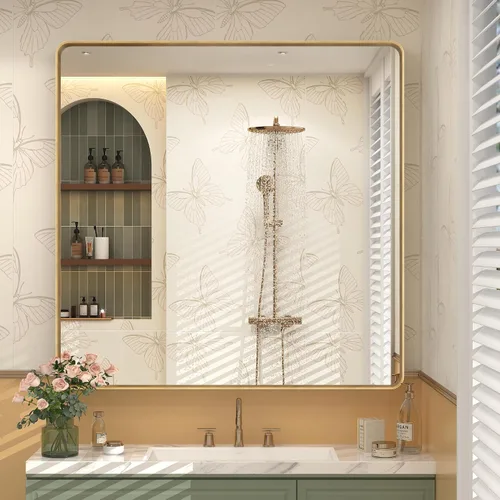 Vista 52 de Espejo rectangular para pared de baño de 20x30 pulgadas con marco negro mate, espejo de tocador con esquinas redondeadas, espejo de baño de metal