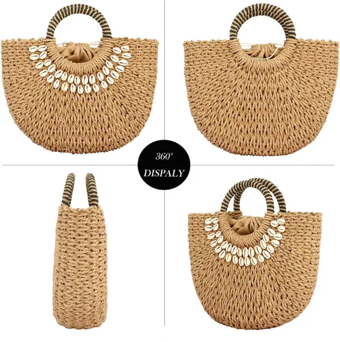 Vista 2 de Buric Bolso de hombro de paja para mujer hecho a mano tejido de ratán bolso de hombro para mujer bolso de hombro con asa superior bolso bohemio