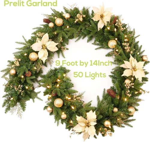 Vista 2 de Guirnalda de Navidad preencendida de 9 pies con bayas y bolas doradas, piña, flor dorada y 50 luces LED blancas suaves que funcionan