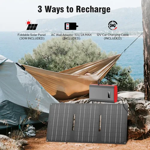 Vista 5 de Banco de energía solar con salida de CA 110 V 65 W, 100 W, USB C de 100 W, batería de carga rápida con panel de cargador solar de 30 W, plegable