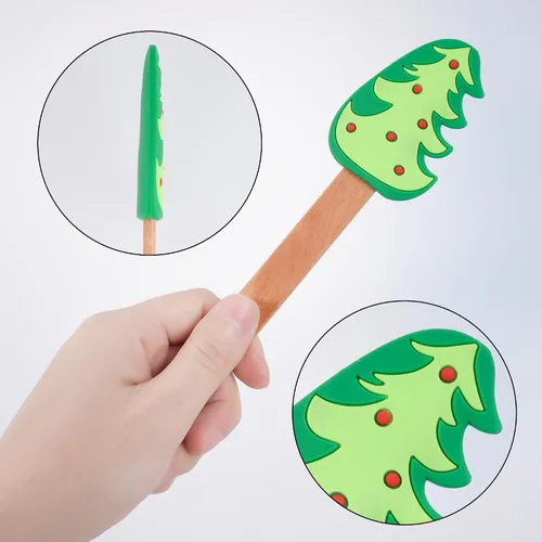 Vista 4 de 8 espátulas de silicona de Navidad para pastel de Navidad con mango de madera, muñecos de nieve, árbol de Navidad, patrón de Papá Noel, decoración