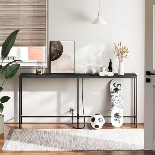 Vista 6 de MAHANCRIS Mesa consola de 70.9 pulgadas con toma de corriente, mesa de sofá estrecha, mesa de entrada industrial con puertos USB, detrás del sofá