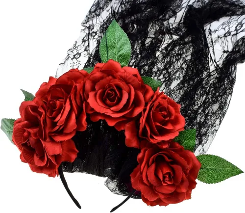 Vista 4 de June Bloomy - Diadema mexicana de día de muertos, disfraz de Halloween, velo con corona de rosas