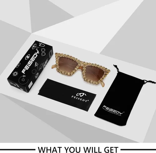 Vista 7 de FEISEDY Gafas de sol cuadradas de cristal para mujer, ojo de gato, brillantes y modernas, retro, gafas de sol B2898