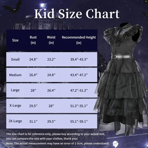 Vista 7 de Pigmiss Wednesday Addams - Vestido de disfraz para niñas con peluca Addams, cosa familiar, mano, Halloween, disfraz de cosplay para niños