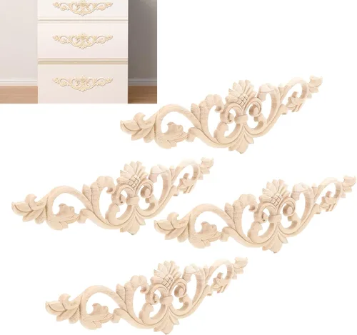 Vista 3 de 4 piezas de apliques de madera tallada onlay, apliques largos tallados en madera para muebles, juego de calcomanías decorativas sin pintar