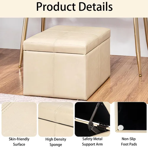 Vista 4 de Homebeez Faux Leather Storage Ottoman, 17.3" Square Upholstered Small Foot Rest Stool Cube Footstool with Hinged Lid, Load 300 lb, for Living Room